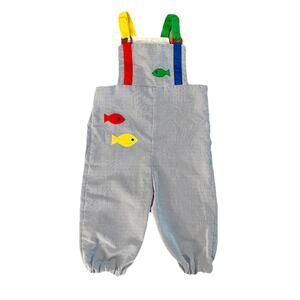 Vintage Bib Overall Toddler Boy 3T Seersucker Fish Appliqué Blue Primary Colors